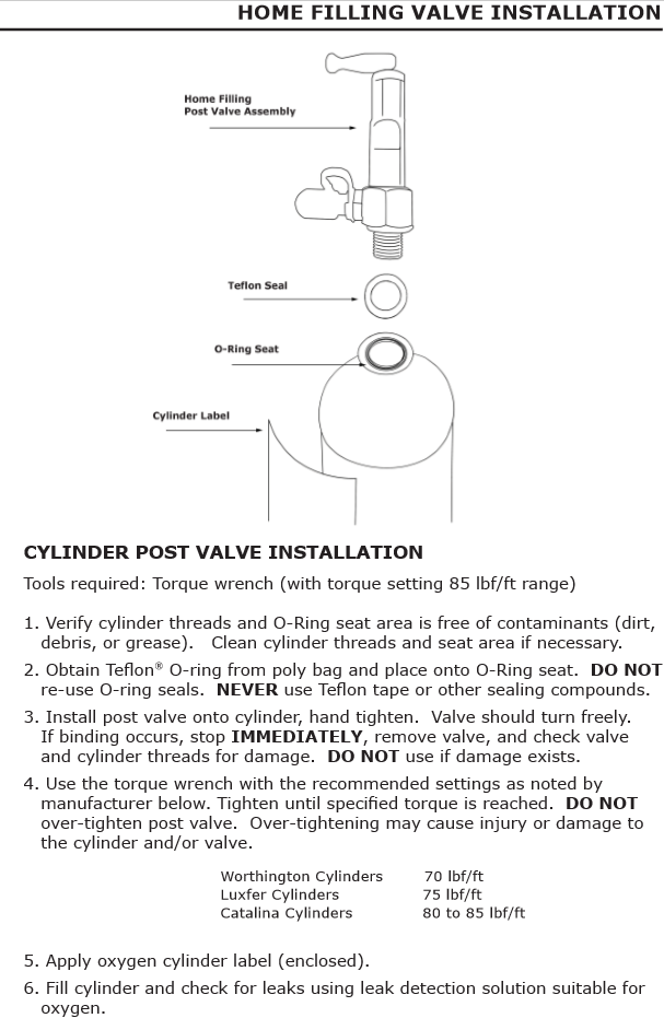 INVACARE HOMEFILL II POST VALVE CYLINDER REPLACEMENT ASSEMBLY FOR D CYLINDERS